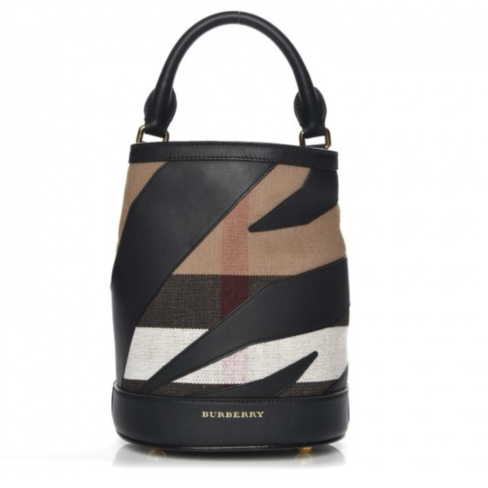 BURBERRY Canvas Mega Check, Medium Ashby Hobo, Black Calfskin Leather Trim